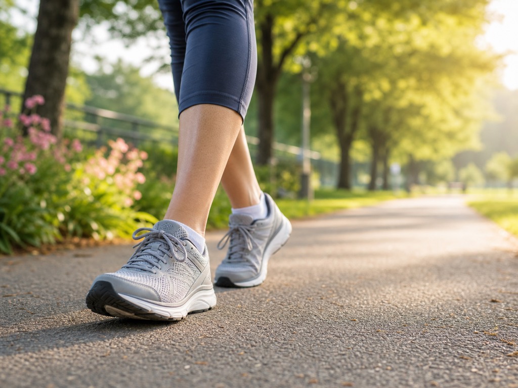Supportive walking shoes worn by a brisk walker on a park path for a Japanese interval walking shoe guide
