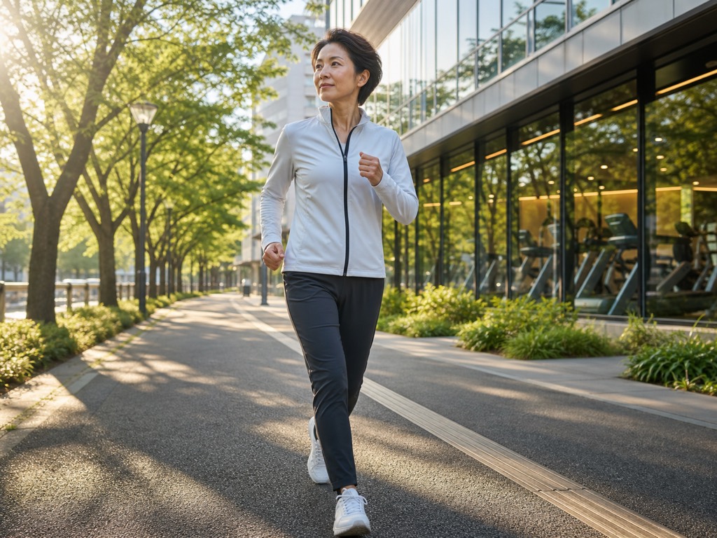 Adult doing Japanese interval walking outdoors while passing a gym with confidence