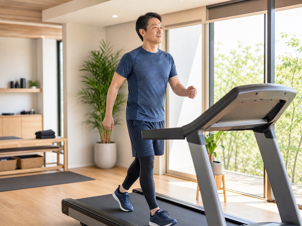 Man doing Japanese interval walking on a treadmill in a bright home gym