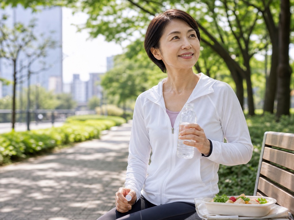 Woman finishing a Japanese interval walking session and preparing a simple healthy meal outdoors