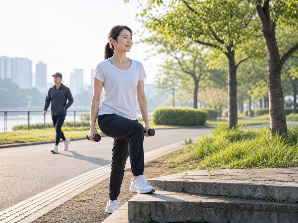 Person combining Japanese interval walking with strength training in a park