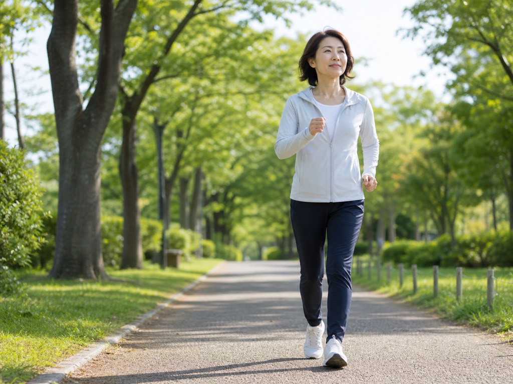 Woman brisk walking on a tree-lined path to illustrate measuring Japanese walking intensity without technology