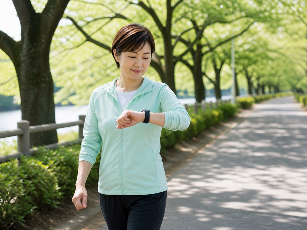 Adult doing a brisk interval walk on a tree-lined path while checking pace on a smartwatch