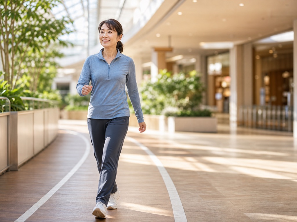 Woman briskly walking indoors in a bright mall-like corridor for Japanese interval walking practice
