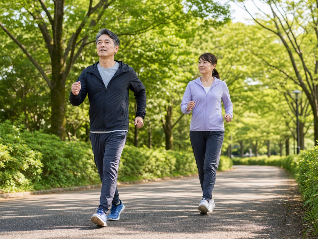 Two adults doing Japanese interval walking on a tree-lined path with one walker moving briskly ahead