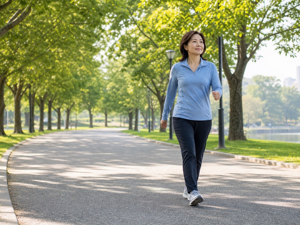 Adult doing a gentle Japanese interval walking session on a flat park path with supportive shoes