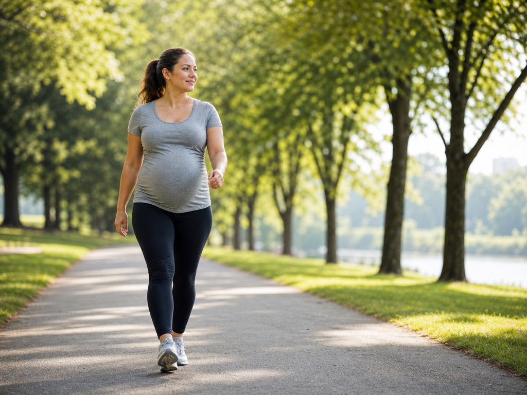 Pregnant woman doing a brisk outdoor walk on a flat park path