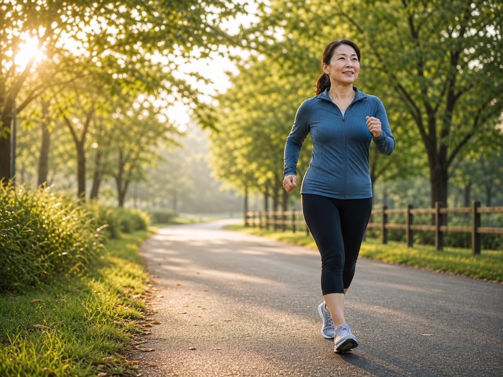 Woman brisk-walking on a tree-lined park path in morning light for a Japanese interval walking article about 30-day results