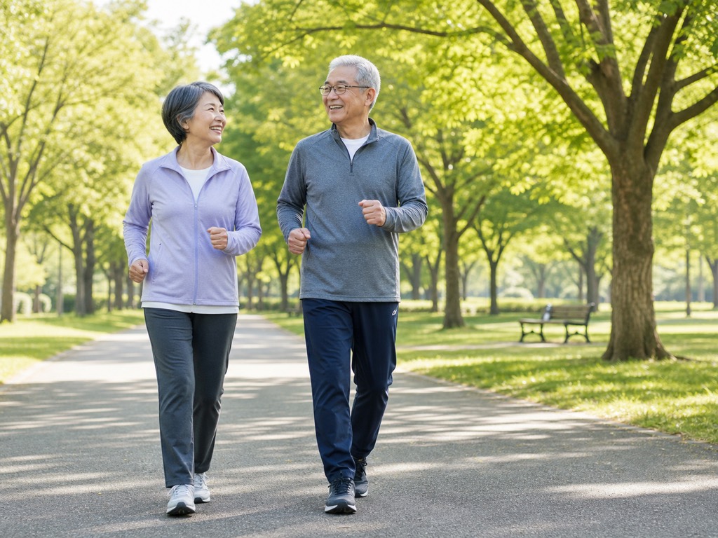 Older adults doing Japanese interval walking on a flat park path