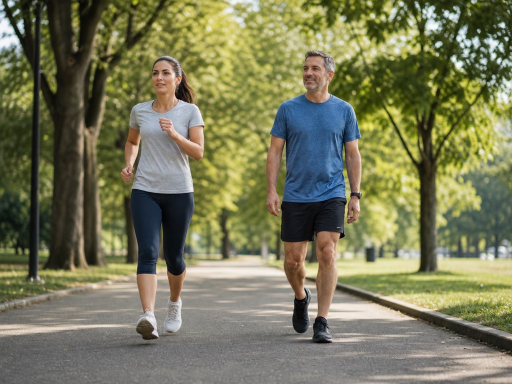 Two adults walking on a sunny park path, with one moving briskly and the other at a steadier relaxed pace