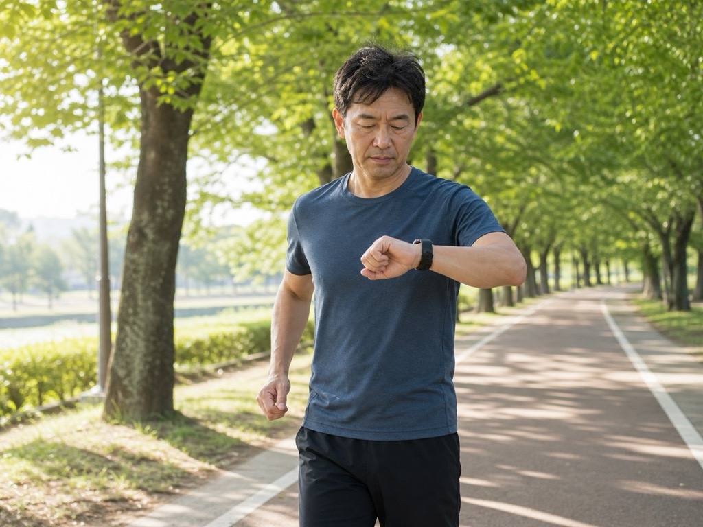Adult following a Japanese interval walking workout plan on a sunny park path while checking interval timing on a smartwatch
