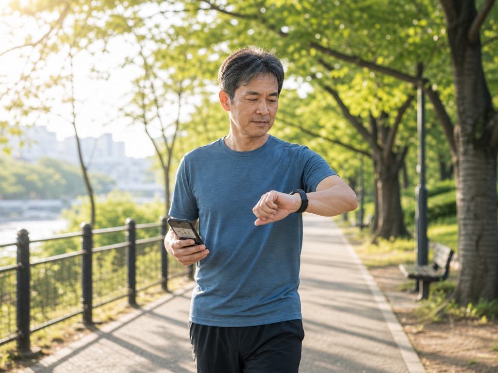 Adult doing Japanese interval walking in a park while checking a smartwatch and smartphone fitness app