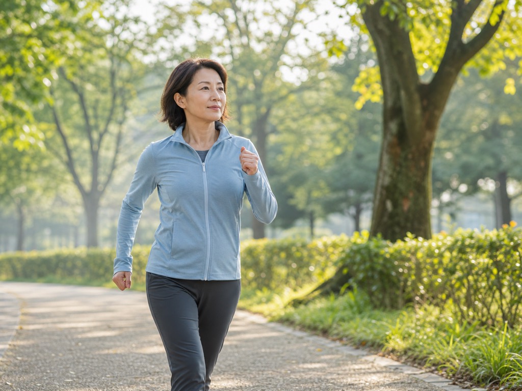 Middle-aged woman briskly walking through a sunny park path to illustrate Japanese walking for belly fat