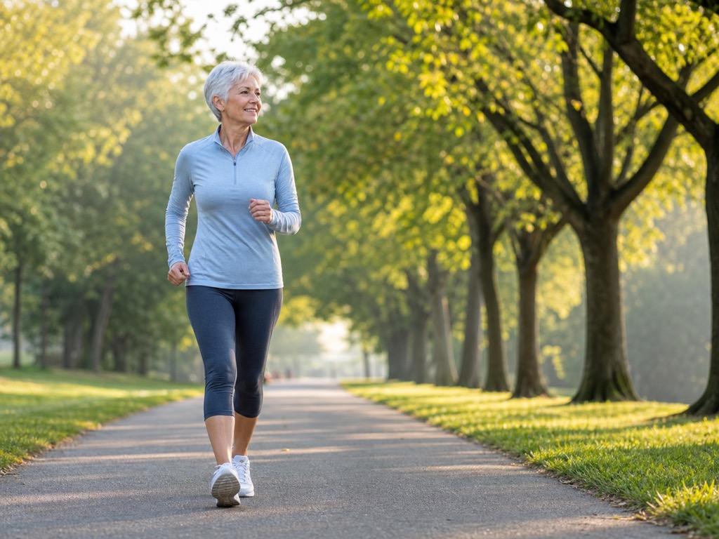 Older adult doing Japanese interval walking on a flat park path for high blood pressure support