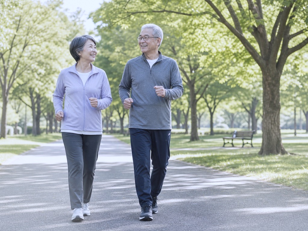 Two adults doing Japanese interval walking on a frosty park path in layered cold-weather clothing
