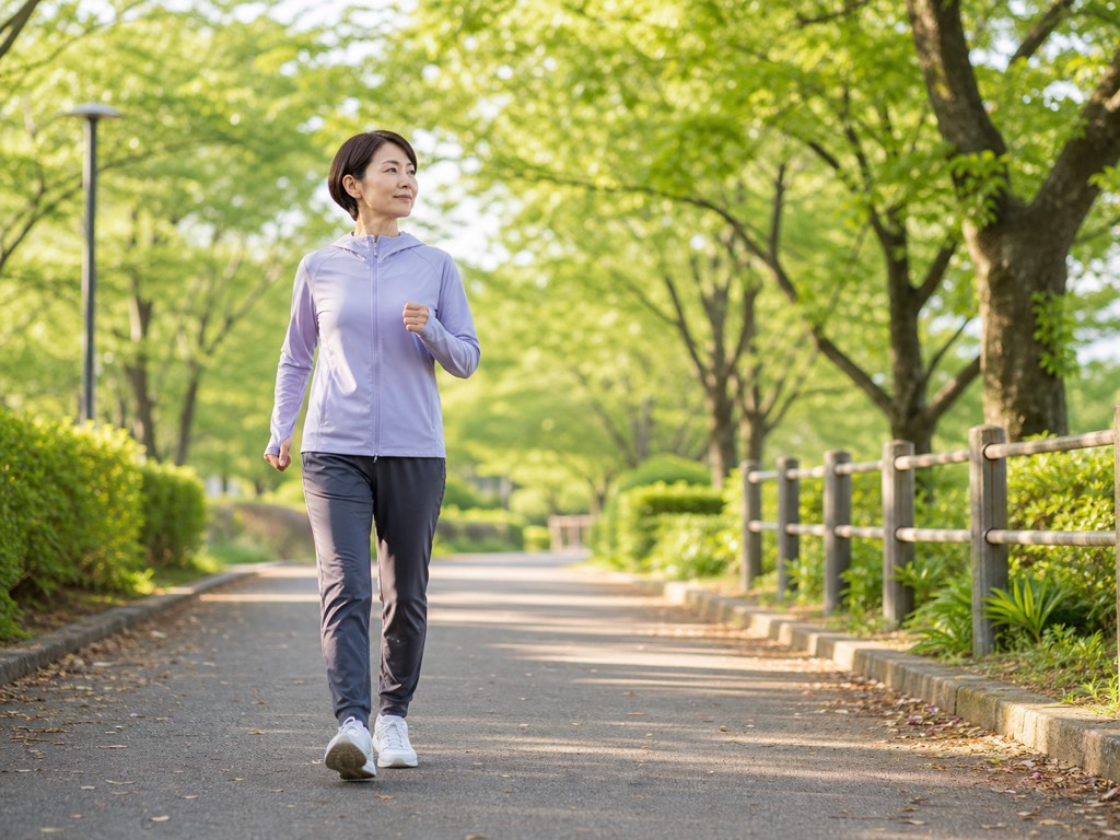 Walker on a tree-lined path illustrating Japanese walking mistakes and proper interval walking form