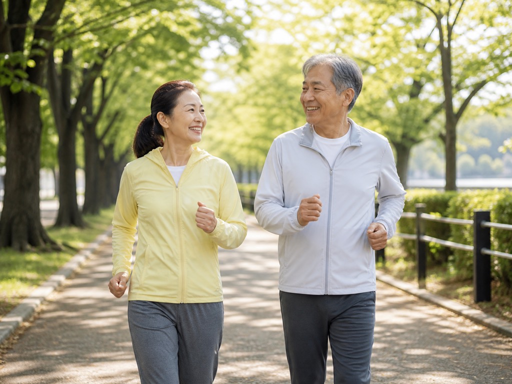Two adults doing Japanese interval walking together on a calm, tree-lined park path