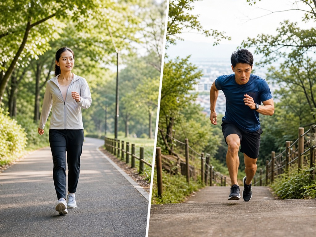 Side-by-side comparison of Japanese interval walking and HIIT training in a sunny park