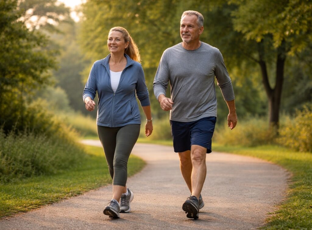 Middle-aged couple brisk walking together on a park trail, representing Japanese interval walking for heart health and longevity.