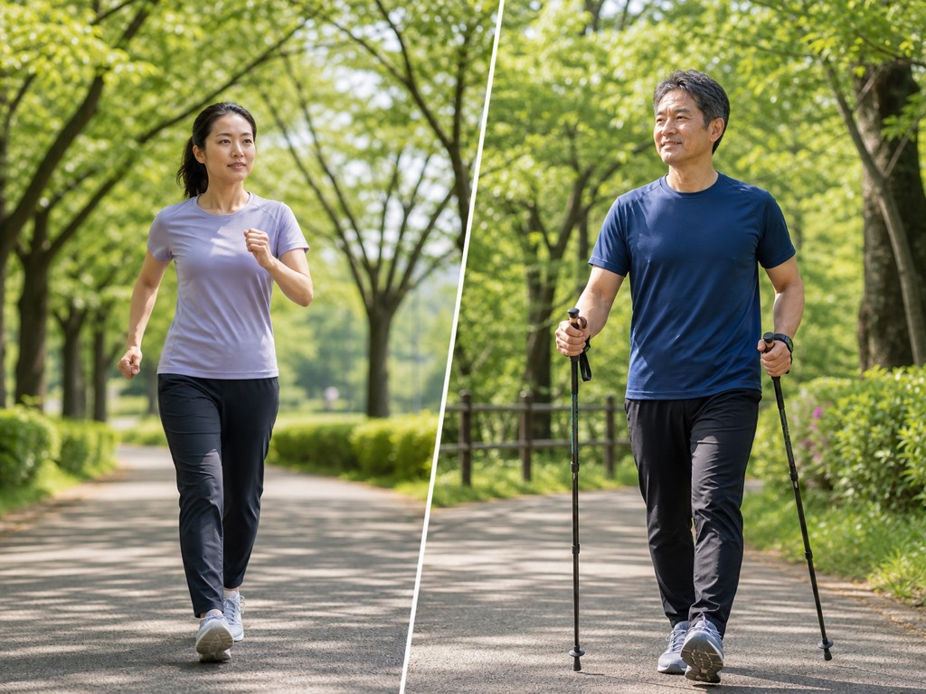 Adult doing Japanese interval walking while another walker uses Nordic poles on a tree-lined path
