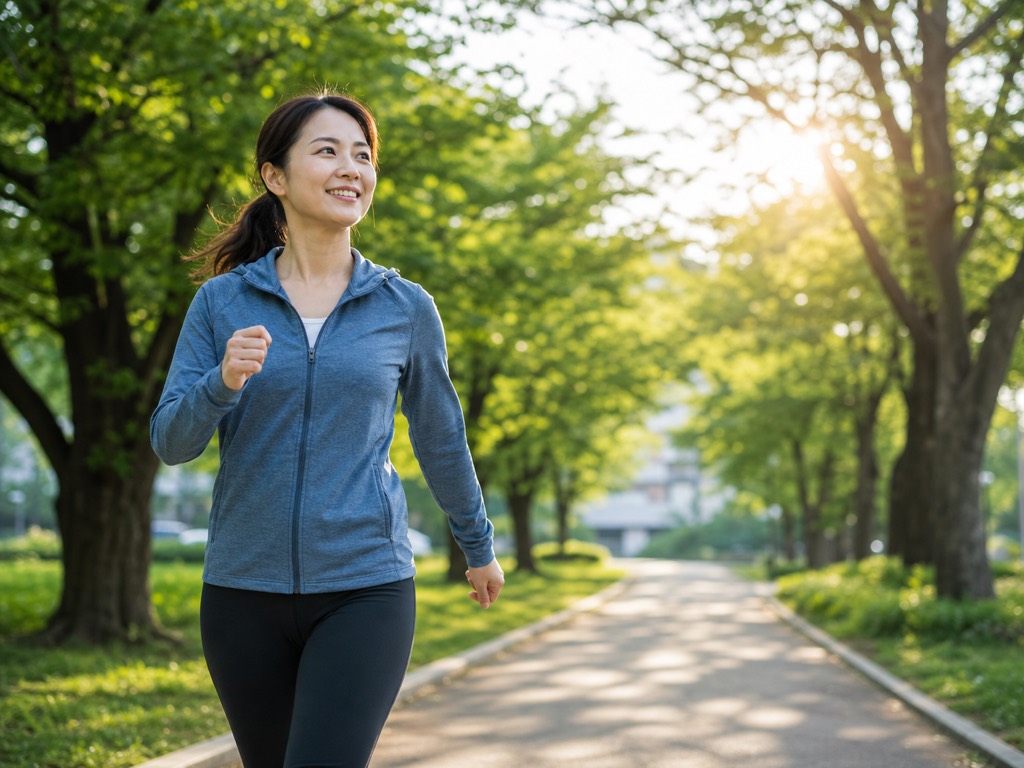 Woman doing Japanese interval walking on a tree-lined path for weight loss exercise