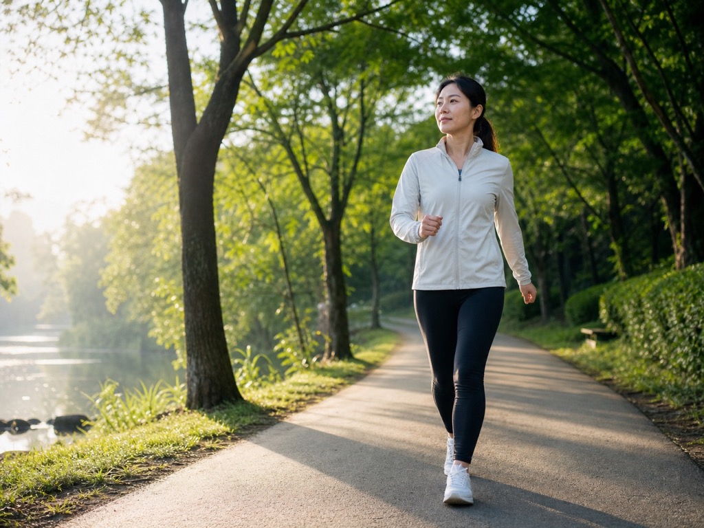 Person doing Japanese interval walking through a quiet tree-lined park path