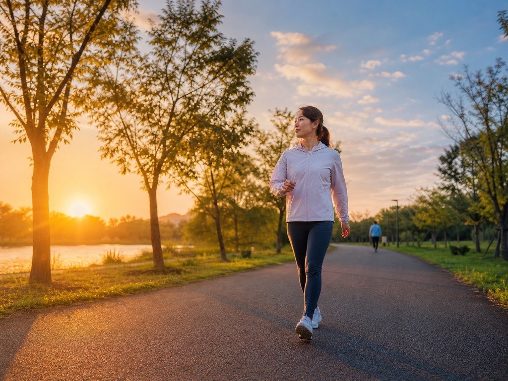 Adult doing Japanese interval walking on a quiet park path in warm morning and evening-style light
