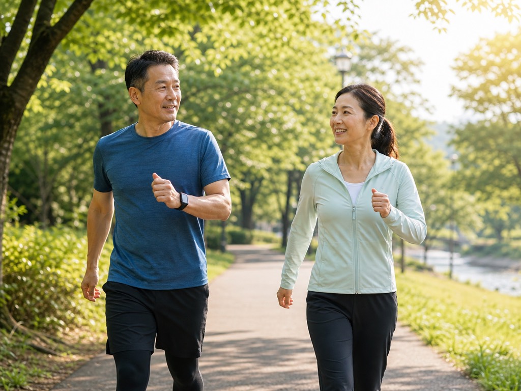 Middle-aged adults doing Japanese interval walking on a bright tree-lined path