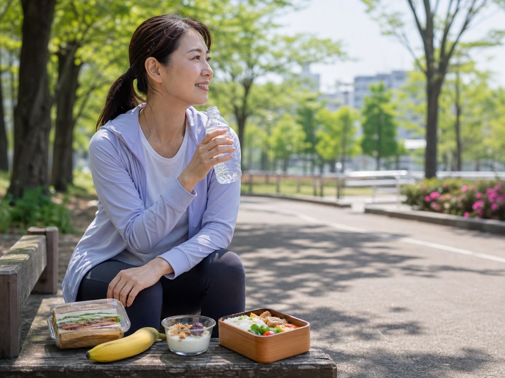 Balanced pre-walk snack and post-walk meal beside a park path for Japanese interval walking